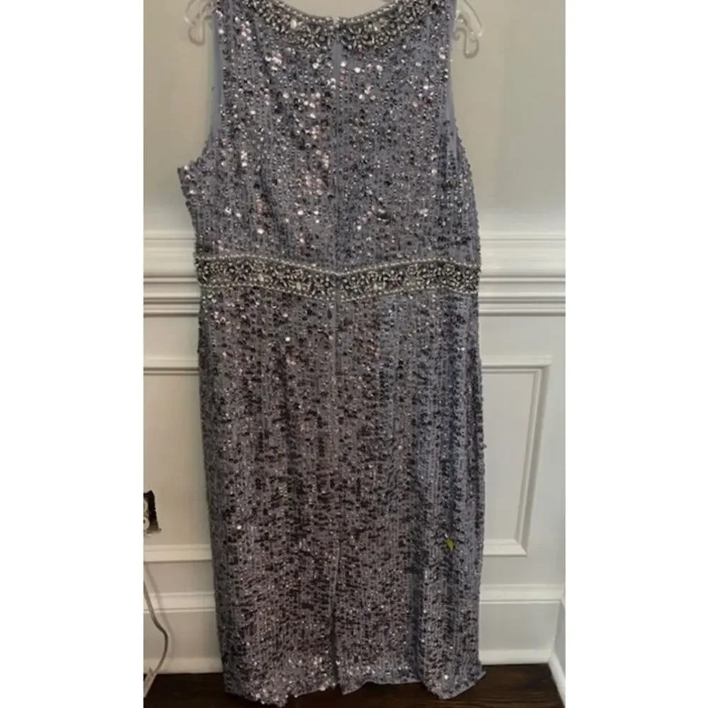 Mac Duggal Steel Blue Sequined Sleeveless Crew Neck Dress Formal Gown Size 14
